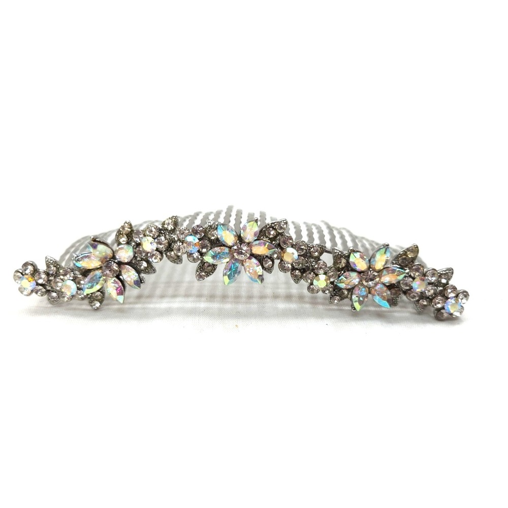 Vtg BARRETTE Aurora Borealis Rhinestone Hair Comb Victorian Flower Wedding Bride